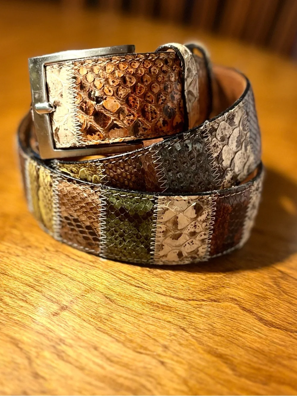 Reptile-Texture Men's Patchwork Belt in Brown, Green & Gold